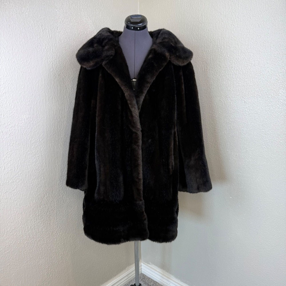 Upper Deck Vintage Faux Fur Coat Dark Brown Shawl Collar Mid Length Jacket